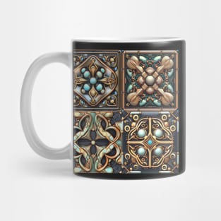 Celtic, Turquoise and Gold, Black Leather Tile Design Mug